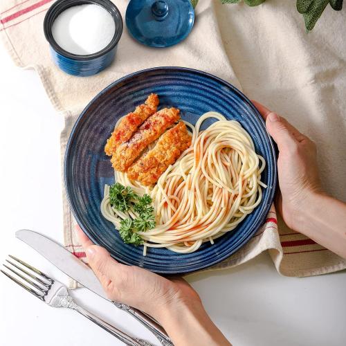 HASENSE Pasta Bowls, Ceramic Serving Bowls Set of 6 Serving Dishes for Salad, Pasta, Soup, Fruit - Blue Dinner Plate Bowls for Home Gift, Dishwasher & Microwave Safe