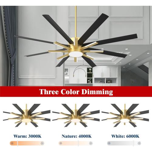 72 inch Large Ceiling Fans with Lights and Remote，Indoor/Outdoor Modern Ceiling Fan for Living Room Patio，6 Speed Reversible，8 Blades and 9 Lights，3 CCT，Black Gold