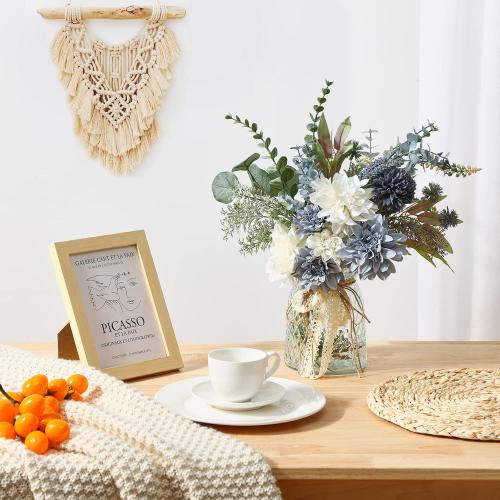 White and blue CEWOR Fake Flowers in Vase, Artificial Flowers Arrangement in Vase, Fake Floral Table Centerpieces Decor for Kitchen Farmhouse Coffee Table Living Room Bathroom Plant Decor