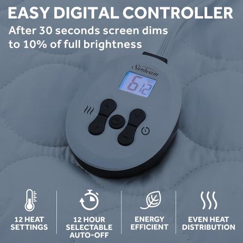 Sunbeam Electric Premium Water Resistant Restful Quilted Heated Mattress Pad, 12 Heat Settings, 12-Hour Selectable Auto Shut-Off, Fast Heating, Cozy Warming Bed, King, 76 x 80