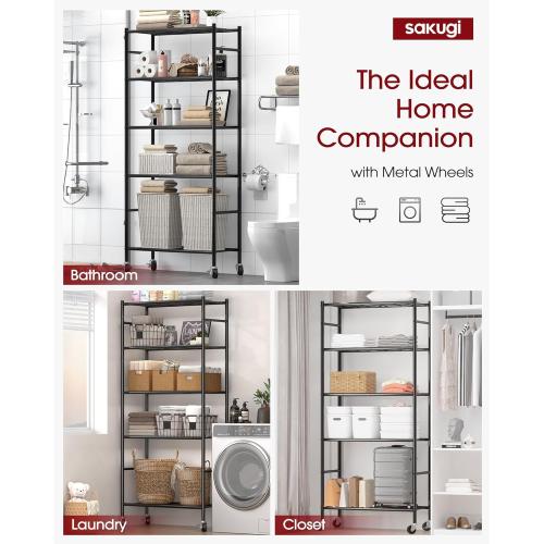 Sakugi Storage Shelves Organizer - 5 Tier Metal Shelf Organizer with Metal Wheels and Adjustable Leveling Feet, Heavy Duty Garage Shelving for Kitchen, Pantry and Closet, 33.1x12.6x73.5, Black