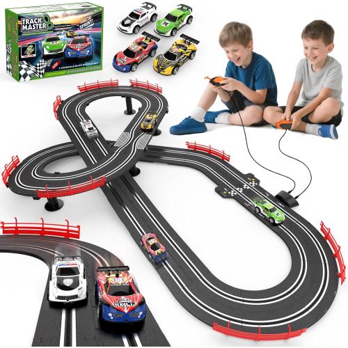 3-in-1 Slot Car Race Track Sets with 4 High-Speed Cars, Electric Track, Dual Racing Game with Lap Counter & 2 Controllers, and Circular Overpass Design – Toy Gift for Boys Kids Ages 6-8 8-12