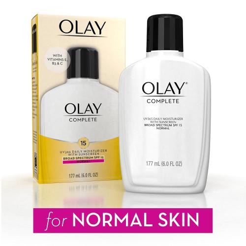 Olay Face Moisturizer, Complete with Sunscreen SPF 15, Daily Facial Lotion for Normal Skin, Lightweight Hydrating Broad Spectrum Sun Protection - Vitamin C, E, and Niacinamide - 6 Oz