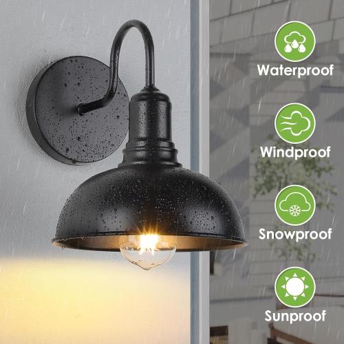 Outdoor Wall Sconce, 2 Pack Exterior Waterproof Farmhouse Gooseneck Barn Light Fixture, Black Garage Wall Lantern, Anti-Rust Front Porch Lamp