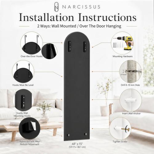 NARCISSUS Over the Door Full Length Mirror 47x14 Inch, Wall Mounted Dressing Mirror, Door Hanging Full Body Mirror HD Reflection Glass for Bedroom, Aluminum Alloy Frame Black