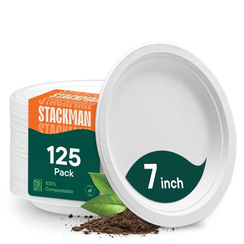 Stack Man 100% Compostable Small Paper Plates 7 Inch Heavy-Duty [125-Pack] Eco-Friendly White Bagasse Disposable Dessert Cake Plates - 7 Biodegradable Plate (BPI-Certified) (PFAS-Free)