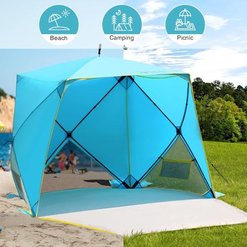 BLUE AND YELLOW Pop Up Beach Tent, Portable Shade Sun Shelter UPF50  UV Protection for 4 Person Extendable Floor for Fishing Hiking Camping, Waterproof Windproof(Blue)
