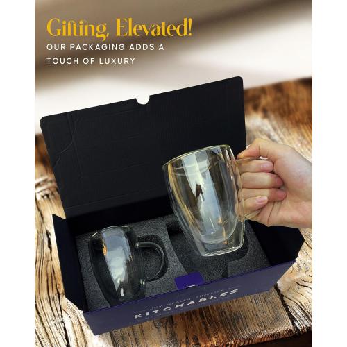 Kitchables Double Walled Glass Coffee Mugs Set of 2, 12oz - Insulated Glass Coffee Mugs for Cappuccino, Latte, Tea, Espresso - Latte Cup - Tazas Para Cafe