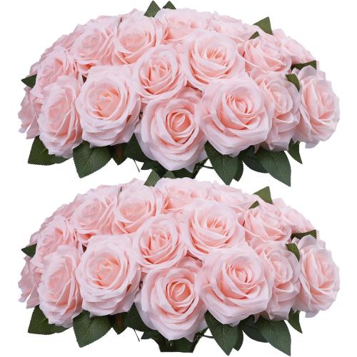 Rose Artificial Flowers Artificial Rose Fake Rose Silk Rose Real Looking Fake Flowers with Stems for DIY Wedding Bouquets Tables Centerpieces Floral Arrangements (50, Blush)