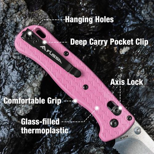 FLISSA 4.5 Folding Pocket Knife, Lightweight EDC Pocket Knife with Axis Lock, 3.2 AUS-8 Steel Blade, Sharp Camping Hiking Knife with Pocket Clip, Unique Tool Gift for Men, Dad (Pink)
