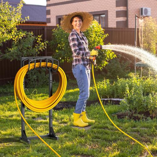 Garden Hose Holder with 4 Spikes, Water Hose Holders for Outside, 150ft Garden Hose Storage Heavy Duty Hose Hanger Metal Hose Stand Detachable Hose Reel Rack Organizer