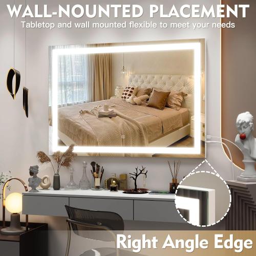 ROLOVE Vanity Mirror with Lights, 32 x 22 Large Lighted Vanity Mirror with Dimmable 3 Modes, LED Makeup Mirror, USB Charging Port, Tabletop or Wall-Mounted Square White