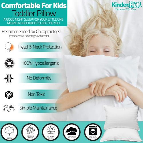 kinder Fluff Toddler Pillows (2pk) - The only Pillow for Kids 300T Cotton Shell & Down Alternative Fill - Machine Washable, Ideal Cushion for Kids Above 2 Years (13x18in - White)