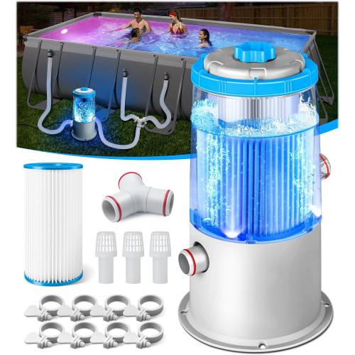 KimPump 1000 GPH Light-Up Pool Filter Pump for Above Ground Pool|Built-in Blue LED Light,Transparent Housing for Real-Time Water Circulation &Filtration Monitor, Pool Cartridge Filter Pump System Cyan