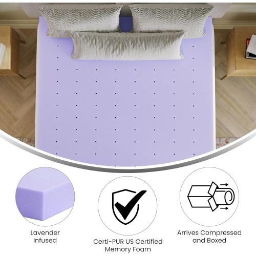 Flash Furniture  Comfortable Sleep Memory-Foam Topper, Lavender Infused Mattress Topper, Ventilated Design, CertiPUR-US Certified Foam,Queen, Purple