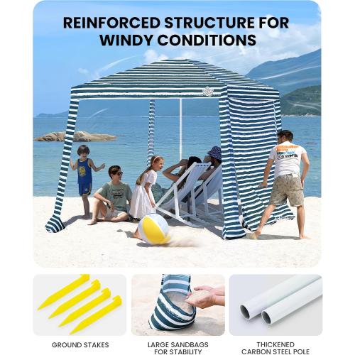 Beach Cabanas for Sand, Foldable Beach Canopy with Sandbags 8' | 43 Compact Fold, 8' x 8' Fits 6 Person, UPF 50 , Wind-Resistant, Privacy Side Wall, Easy Setup, 6.5-8' Adjustable Height