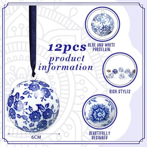 Cindeer 9 Pcs Blue and White Christmas Porcelain Balls 2.4 Inch Porcelain Chinoiserie Ornament Bulk Christmas Ceramic Hanging Decorative for Tree Home Xmas Party (Elegant Style)