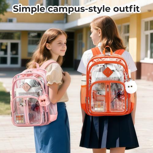 Clear Backpack for School Girls Boys, Heavy Duty Large Transparent See Through Women Bookbags for Travel College Workplace Security Approved - Orange
