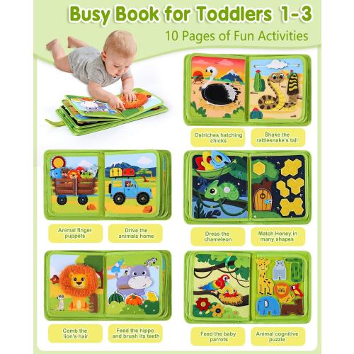 Wild-Animals Busy Book for Toddlers 1-3, Quiet Activity Books for Toddlers 1 Year Old, Montessori Toys Busy Board for 1 2 3 Year Boy Girl Gift Educational Airplane Travel Toy Valentines Birthday Gifts