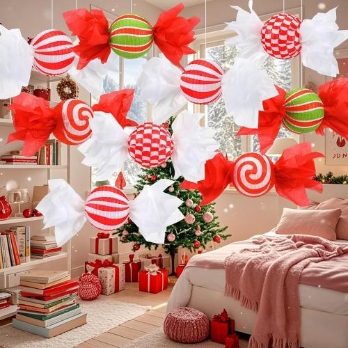 Baquler 12 Pcs 8 Inch Christmas Hanging Paper Lanterns Candy Party Decorations Paper Christmas Decor Candy Canes Peppermint DIY Decorations for Indoor Holiday Xmas Classroom Office Decor