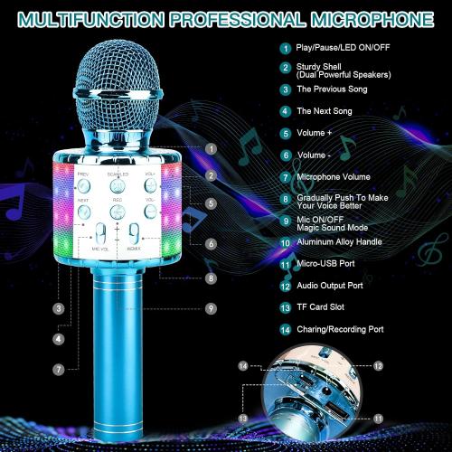 ShinePick Karaoke Microphone, 4 in 1 Wireless Microphone with LED Lights Handheld Portable Karaoke Machine, Home KTV Player, Compatible with Android & iOS Devices(Blue)