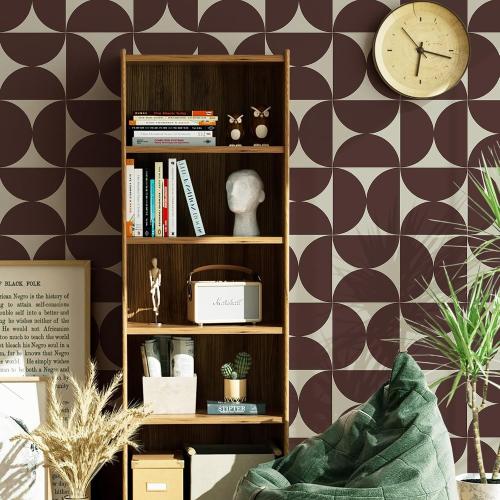 Dimoon Wallpaper 236x17.3Peel and Stick Geometric Contact Paper Vintage Dark Red Beige Wall Paper Removable Square Waterproof Self Adhesive Wall Covering for Bedroom Shelf Liner Decal Vinyl Roll