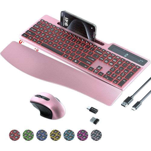 Pink and Black Wireless Keyboard Mouse Combo, Full Size Ergonomic Keyboard with Backlit, Wrist Rest, Calculator, Phone Holder, 2.4Ghz Silent Cordless Rechargeable Keyboard & Mouse for Laptop, PC (Pink Black)
