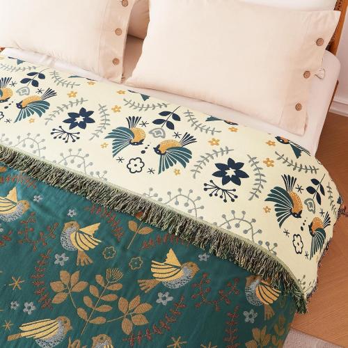Boho Throw Blanket for Bed 100% Cotton Soft Quilt Lightweight Blanket Bird Floral Embroidery Farmhouse Room Decor Twin Bed Blankets,60×80 All Season Breathable Throw for Sofa&Couch Chair