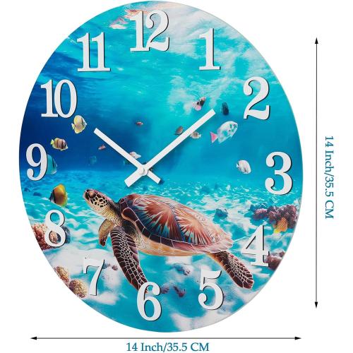 Outdoor Clocks Waterproof Outdoor Coastal Beach Ocean Wall Clocks for Patio Pool Garden Home Decor(14 Inch,Blue,Sea Turtle)