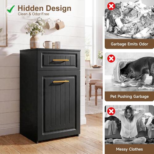 ZIFTY Pull Out Trash Can Cabinet for 13 Gallon Bin, Freestanding Kitchen Trash Bin Cabinet with Hideaway Drawer, Pet Proof Hidden Garbage Recycling Cabinet for Kitchen, Laundry, Living Room, Black