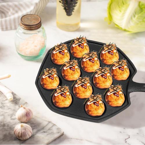 Anxingo Cast Iron Takoyaki Pan - 12 Hole Heavy Duty Square Cooking Plate Octopus Ball Maker 1.5 Half Sphere Takoyaki Maker for Baking Cooking