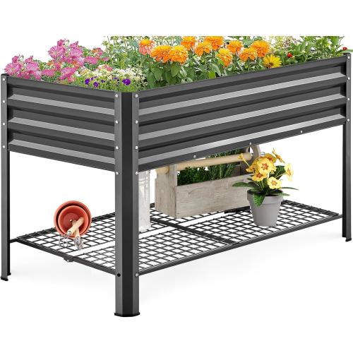 KING BIRD Large Raised Garden Bed with Legs & Storage Shelf Galvanized Elevated Planter Box for Backyard, Patio, Balcony, 400lb Capacity, Dark Grey 48×24×31.5 in