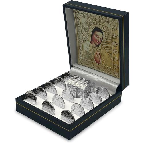 EHV Silver Plated Wedding Unity Coins with Decorative Display Case, Treasure Box, and Silver Platter, Classic Arras Ceremony Souvenirs, Beautiful Confirmation Gift Set (Virgen Busto)
