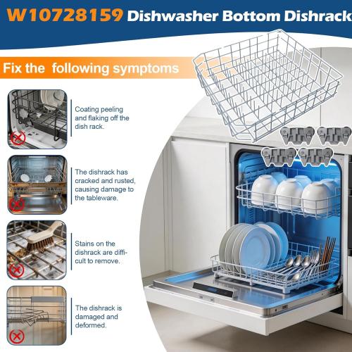 W10728159 Dishwasher Lower Dishrack Assembly, Compatible with kenmore whirlpool kitchenaid maytag, Replaces W10525646 W10082825 W10780925, Dishwasher Lower Rack with WP3376961 Wheels, 22D x 20.8W