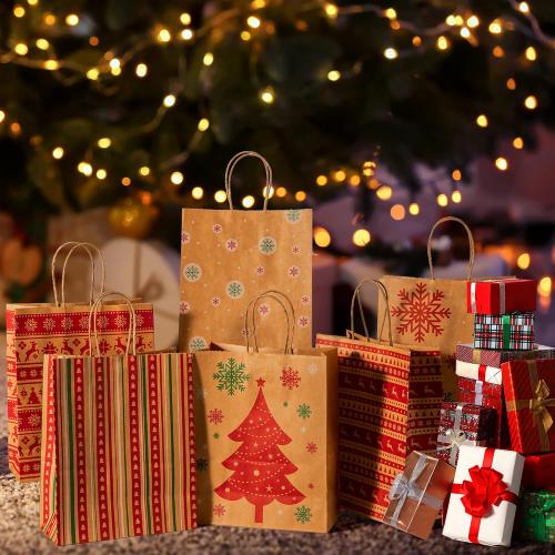 MESHA Christmas Gift bags 24Pcs 8.6x7x3.3'' Kraft Paper Bags with Handles Bulk for Gifts Holiday Xmas Goodie, Party Favors, Candy, Treat