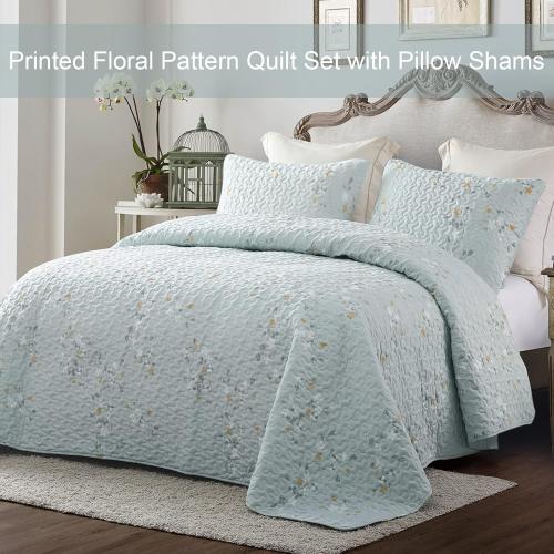 Exclusivo Mezcla Reversible Boho Quilts Queen Size, Aqua Bedspreads Lightweight Coverlet All Season Flowers Quilt Bedding Set with Printed Floral Pattern (1 Quilt, 2 Pillow Shams)