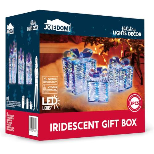 JOIEDOMI Christmas Lighted Gift Boxes, Light Up Christmas Decorations Set of 3 Iridescent Present Boxes, Xmas Boxe Light with LED Cool White for Indoor Porch Patio Holiday Xmas Eve Night Décor