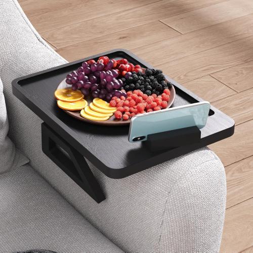 Couch Arm Tray with 360°Phone,Bamboo Folding Sofa Tray,Sofa Armrest Trays Clip-On Couch Desk for Drinks,Snacks,Phone,Remote Control（Black）