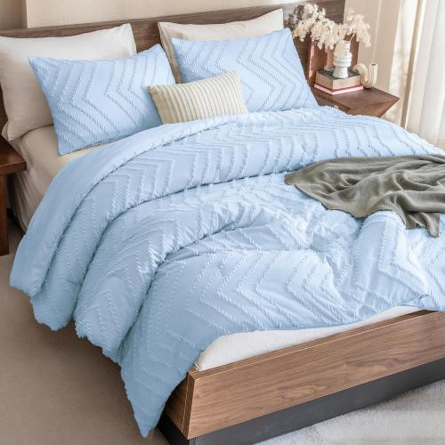 Andency Light Blue Comforter Set Full Size, Boho Soft Warm Tufted Neutral Bedding Comforter Sets for Full Bed, Aesthetic Chevron Cute Bohemian Textured Bedding Set