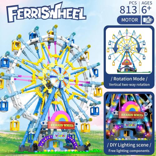 2025 Newly Upgrade Ferris Wheel Building Set with Fairy Light, Two-Way Rotating Ferris Wheel Building Blocks Set of 813 PCS, Amusement Park Model Kit for Kids Ages 8 , Ideas Gift for Boys and Girls
