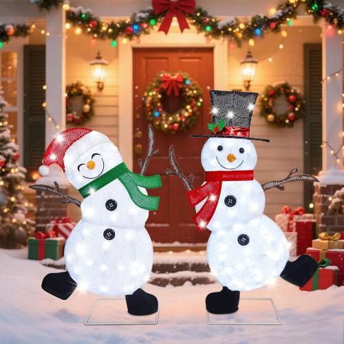 Lulu Home 2-Pack Lighted Christmas Snowman Decorations, 3.1 2.5FT Outdoor Snowmen with 70 LEDs White Lights, 2D Plug-in Snowman Holiday Yard Decor with Scarves for Lawn Garden Party