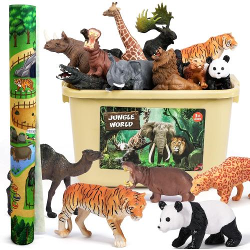 FRUSE Safari Animals Figures Toys w/ 57”x38.5”Jumbo Play Mat,12PCS Realistic Jungle Wild Zoo Animals Figurines Playset with Panda,Lion,Elephant,Educational Learning Toys for Toddlers Kids