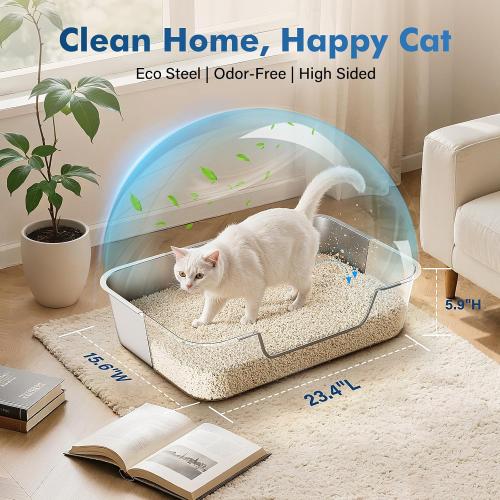 Qiuma Stainless Steel Cat Litter Box with Low Entry, Large Metal Kitty Litter Box for Senior or Injured Cats, Odor-Free, Non-Stick, Easy to Clean, 23.4x15.6x7.8, for Multiple Cats