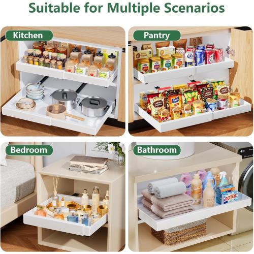 Pull Out Drawers Organizer for Kitchen Cabinets, 21 Deep, Expandable Cabinet Drawers Slide Out with Adhesive, Adjustable Deep Roll Out Cabinet Shelves for Pantry Pots Pans (White-1 Pack)