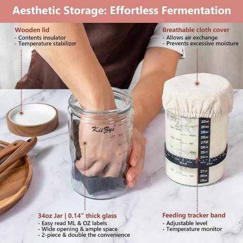 KIIZYS Sourdough Starter Kit – 2 x 34 oz Wide-mouthed Glass Jars, with Acacia Koa & Beechwood Utensils & Lids – Organic Cotton Fabrics, Tracker Bands, & Temp Stickers - Sourdough Bread Baking
