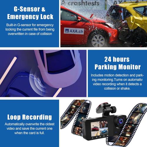 3 Channel Dash Cam Front and Rear Inside with 64GB Card, WIZACE1080P Dash Camera for Cars, Dashcam Three Way Triple Car Camera with IR Night Vision, Loop Recording, G-Sensor, HDR, 24 Hours Recording