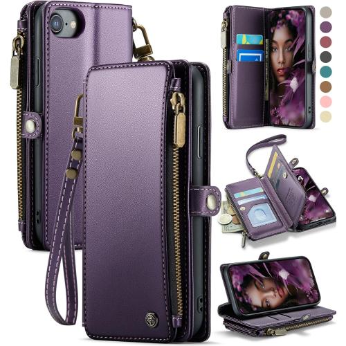 Defencase Compatible with iPhone SE 2020 2022 Case Wallet with RFID Blocking Card Holder for Women Men, Soft PU Leather Magnetic Snap Flip Zipper Strap Wallet Phone Case Fit for iPhone SE/7/8, Purple