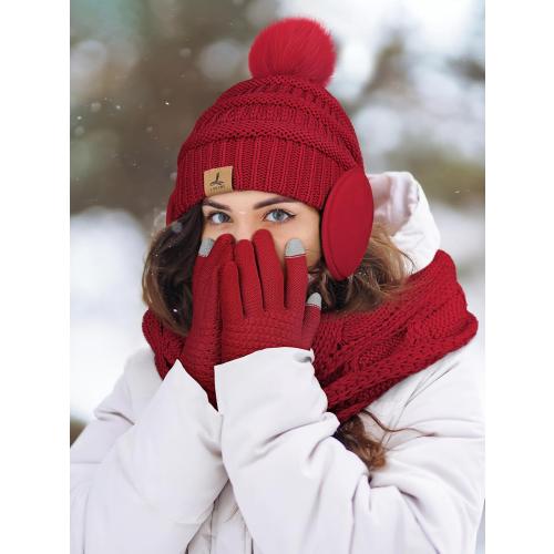 Winter Hat Scarf Gloves and Ear Warmer, Warm Knit Beanie Hat Touch Screen Gloves Set Winter Gifts Neck Scarves for Women