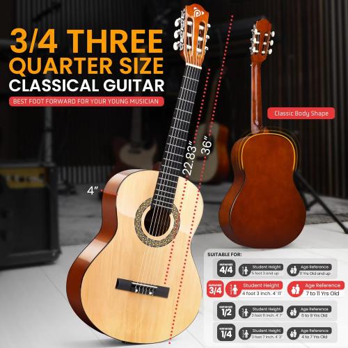 Pyle Beginner Acoustic Guitar Kit, 3/4 Junior Size All Wood Instrument with Full Accessory Kit, Picks, Shoulder Strap, Carry Case, Cleaning Cloth, Tuner App, 2 Month Lessons, 36” (Natural Gloss)