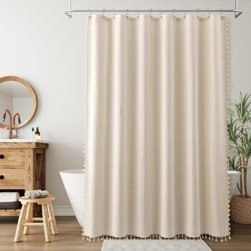 Nanspring Beige Boho Linen Shower Curtain 72 Inch Cute Tassel Natural Boho Vintage Rustic Fabric Bath Curtain Set with Hooks Neutral Farmhouse Country Elegant Shower Curtain for Bathroom 72x72, Beige